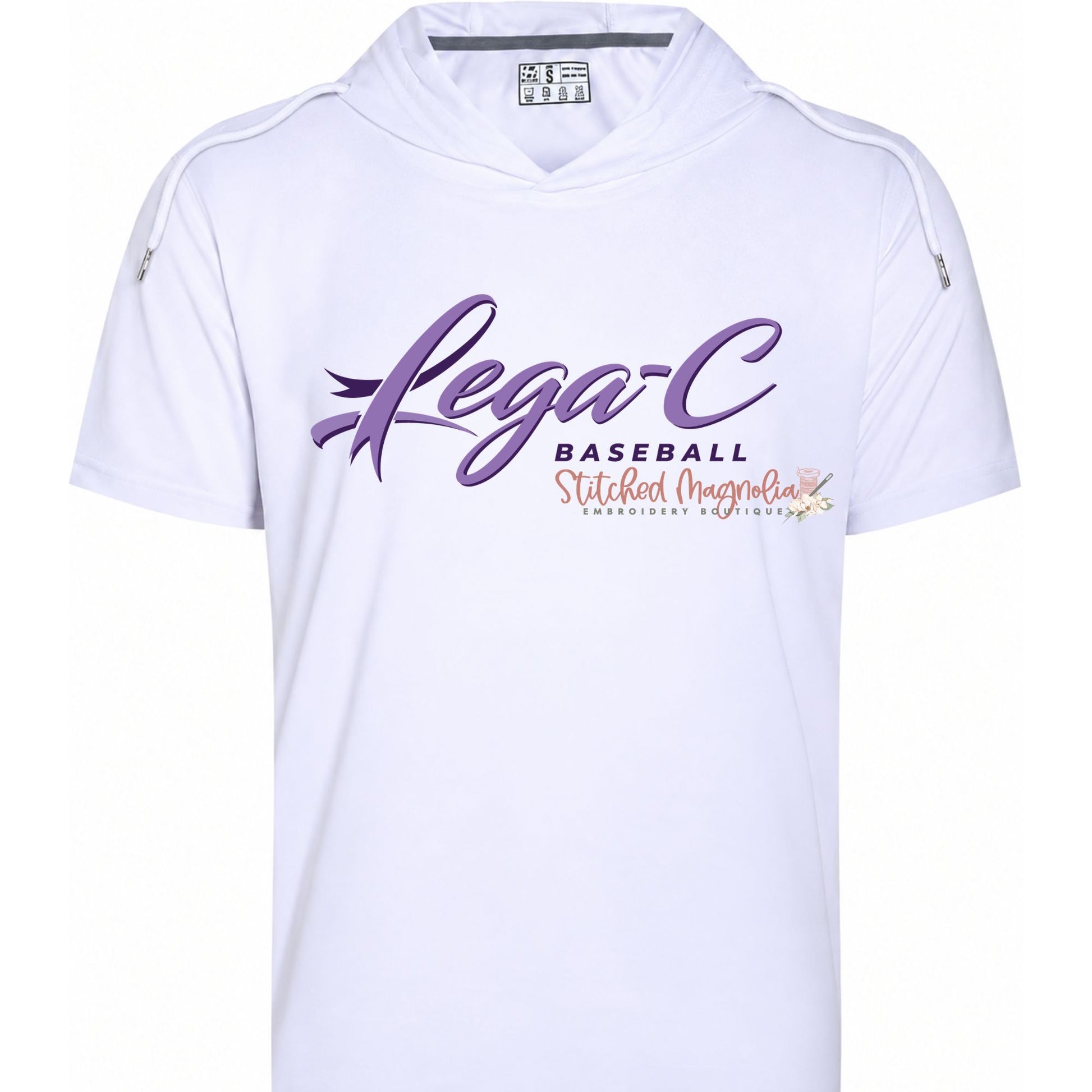 White short sleeve pullover hoodie with purple Lega-C script and dark BASEBALL lettering