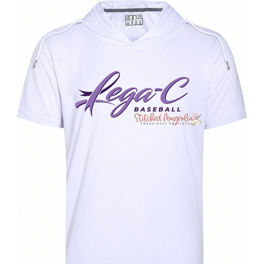White short sleeve pullover hoodie with purple Lega-C script and dark BASEBALL lettering
