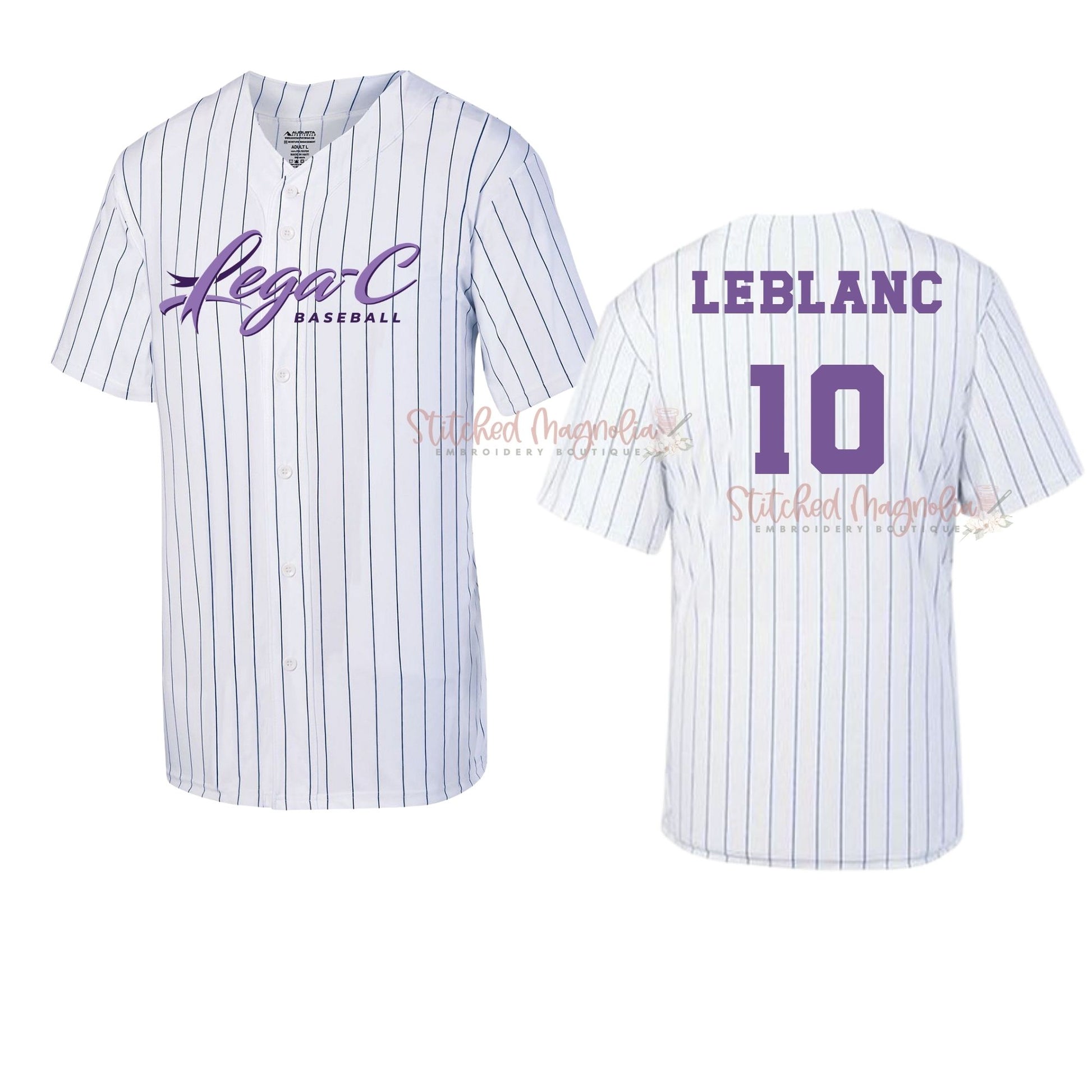 Front and back of a white pinstripe Lega-C Baseball jersey with purple script, sample LEBLANC name and number 10