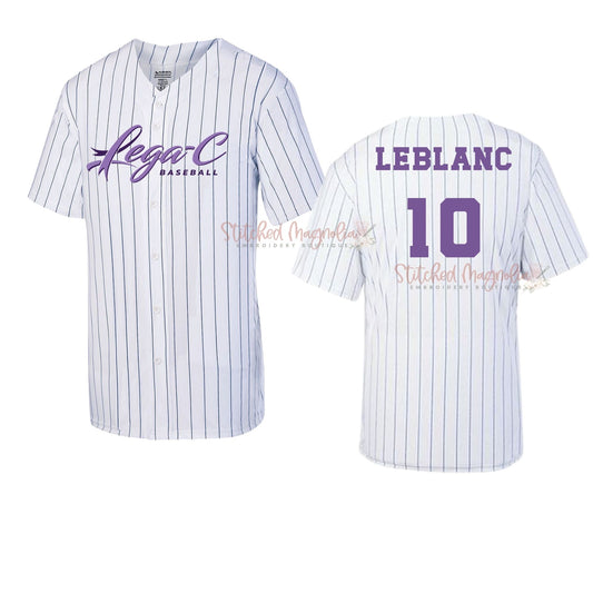 Front and back of a white pinstripe Lega-C Baseball jersey with purple script, sample LEBLANC name and number 10