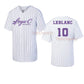 Front and back of a white pinstripe Lega-C Baseball jersey with purple script, sample LEBLANC name and number 10