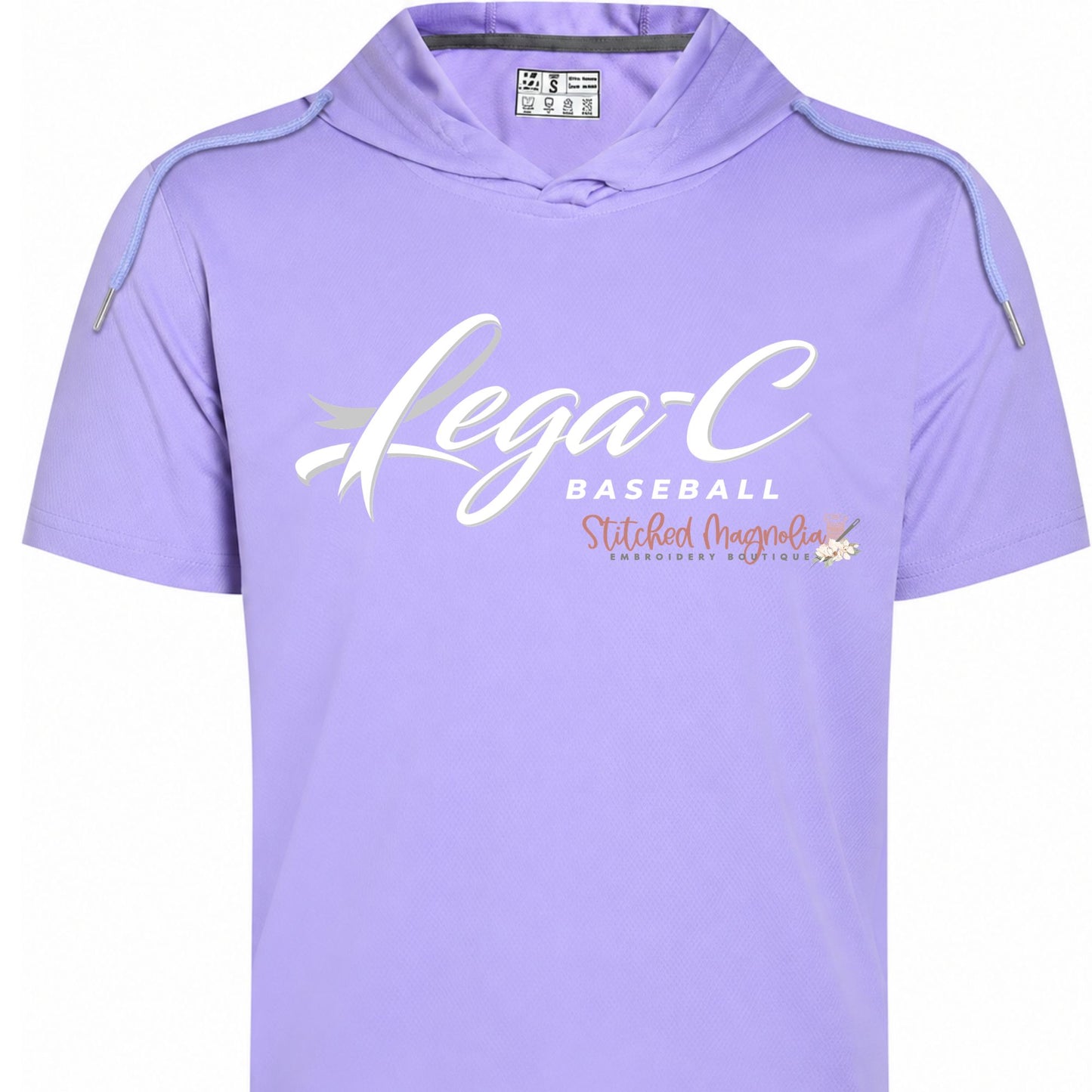 Lavender Lega-C Baseball short sleeve pullover hoodie with white script lettering across the front