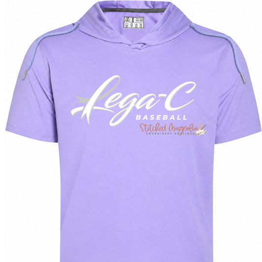 Lavender Lega-C Baseball short sleeve pullover hoodie with white script lettering across the front