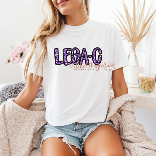 Lega-C Faux Embroidery Tee in white with purple sequin-style DTF graphic
