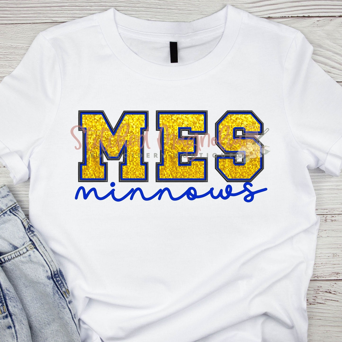 MES Athletic Font Faux Embroidery | Faux Gold Sequins | Graphic Spirit Tee