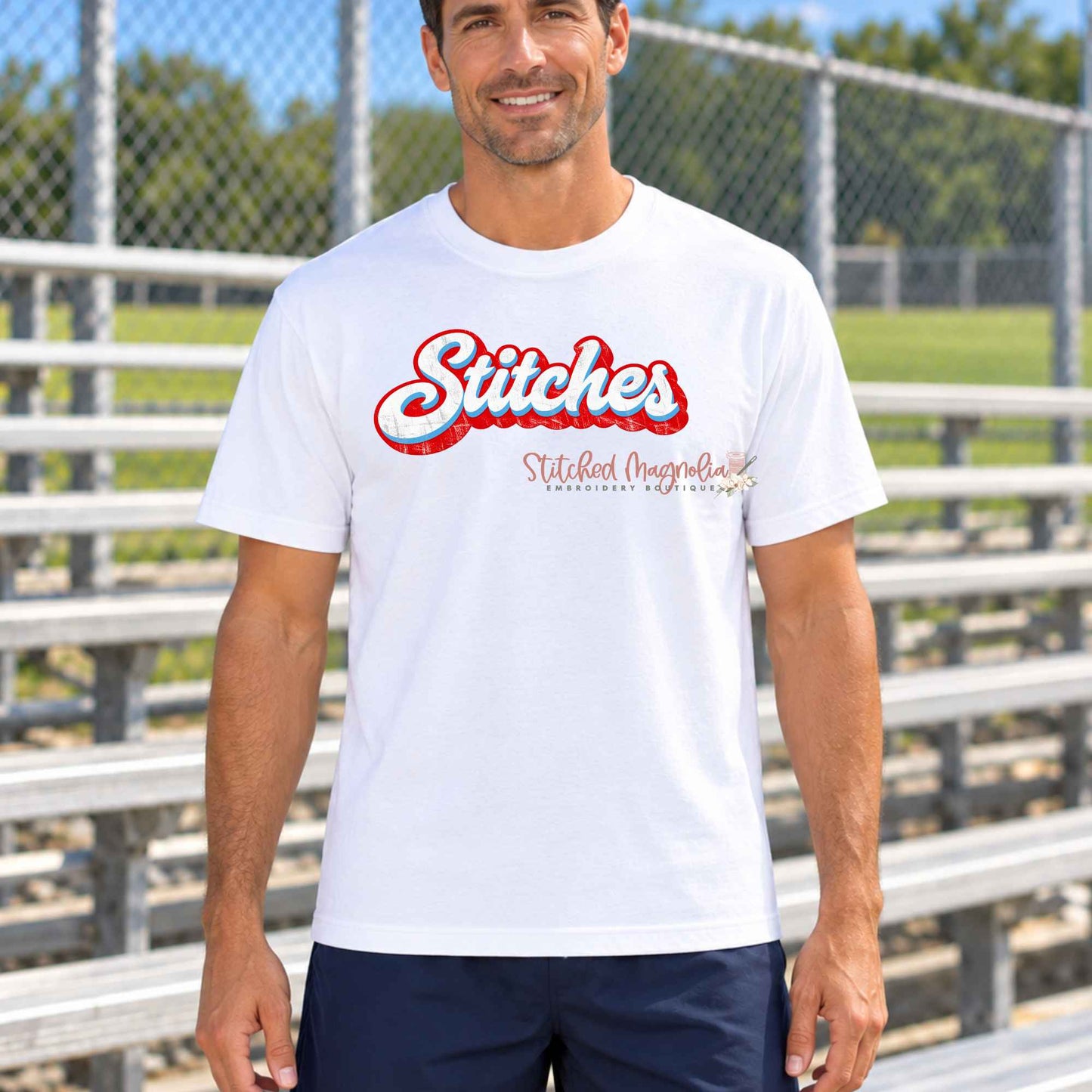 Stitches Baseball Tee | Distressed Script