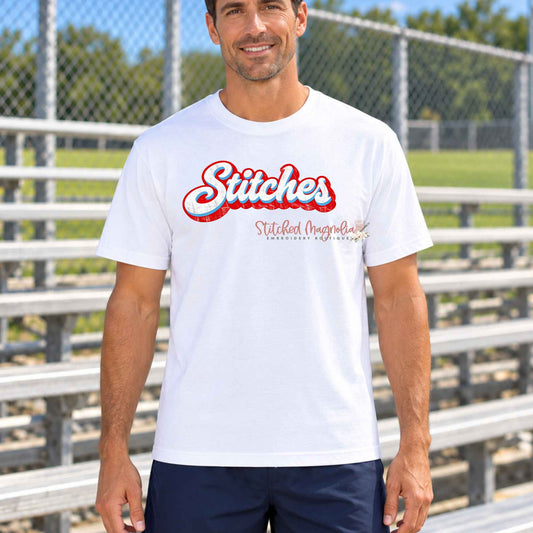 Stitches Baseball Tee | Distressed Script