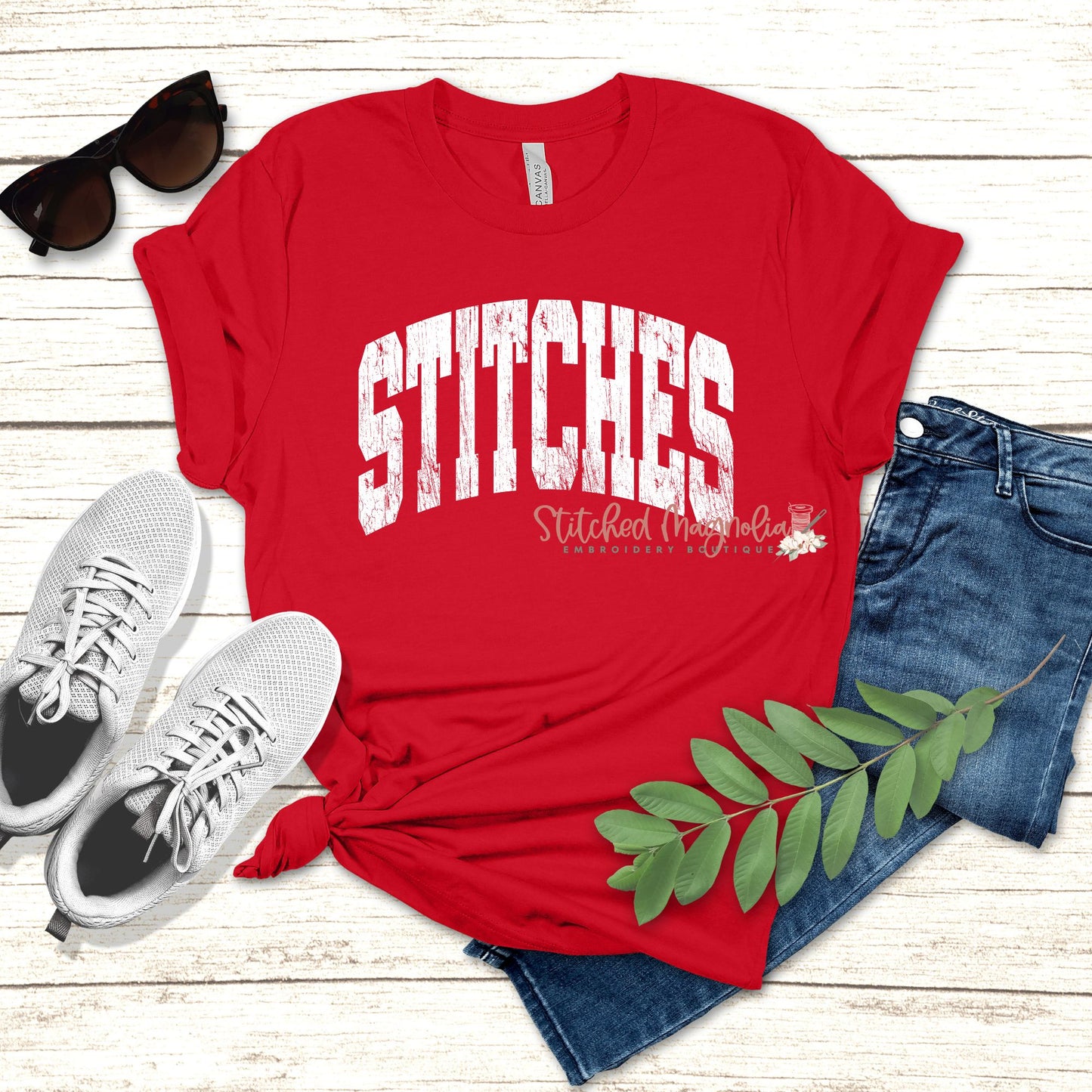 Stitches Baseball Tee | Distressed Varsity on Red