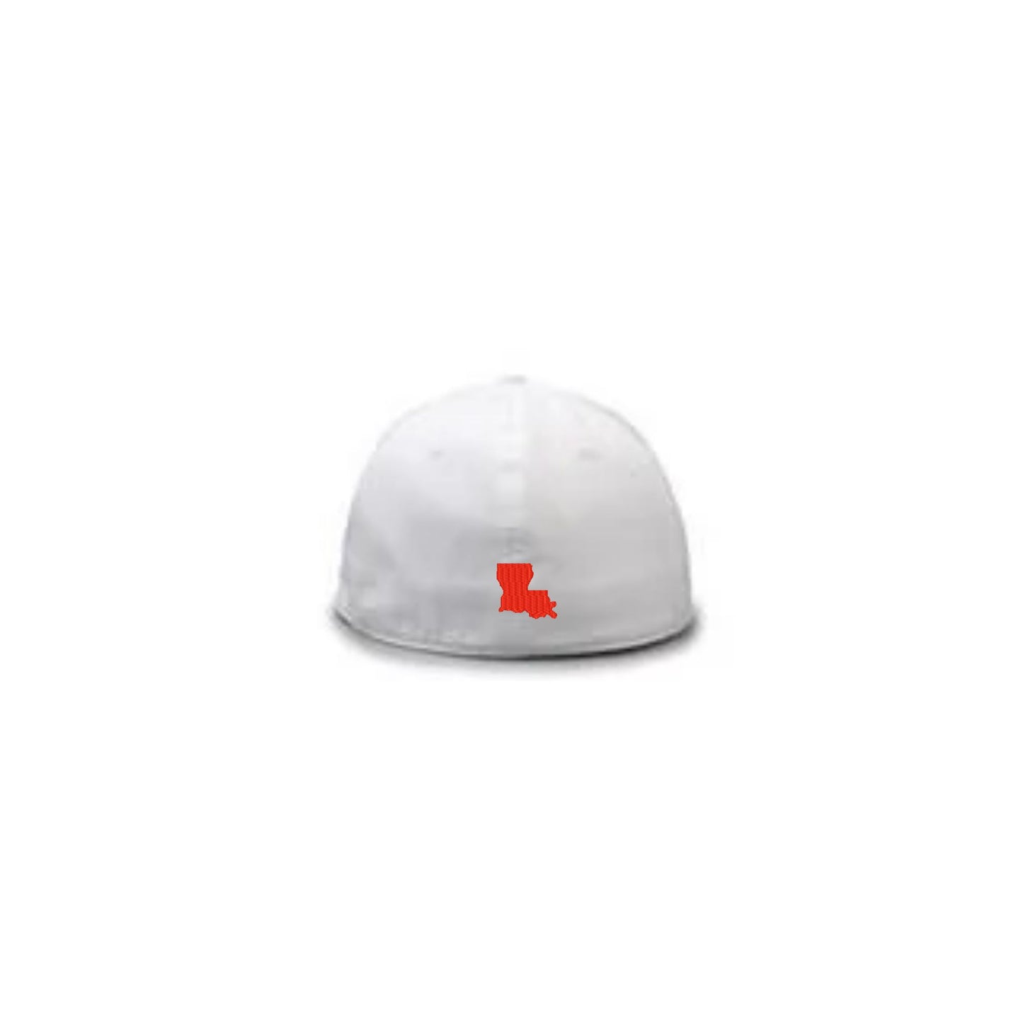 Back of white Stitches The Game hat with red Louisiana state embroidery