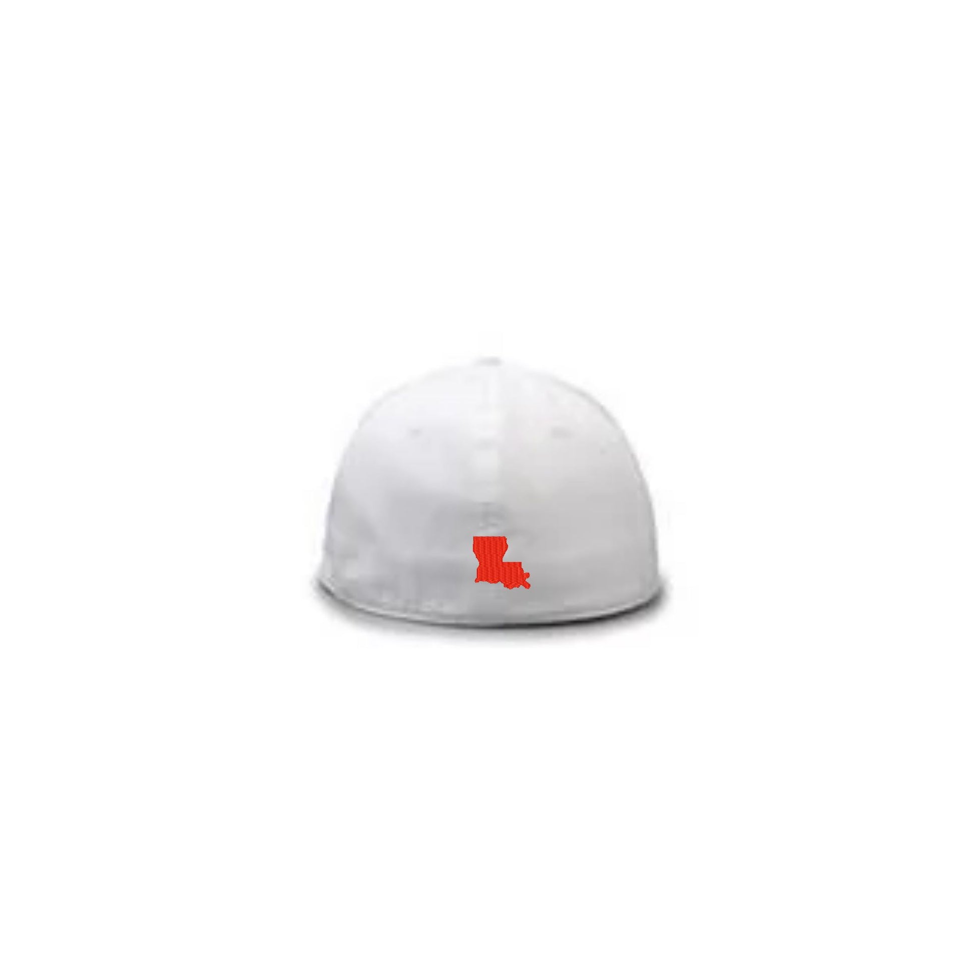Back of white Stitches The Game hat with red Louisiana state embroidery