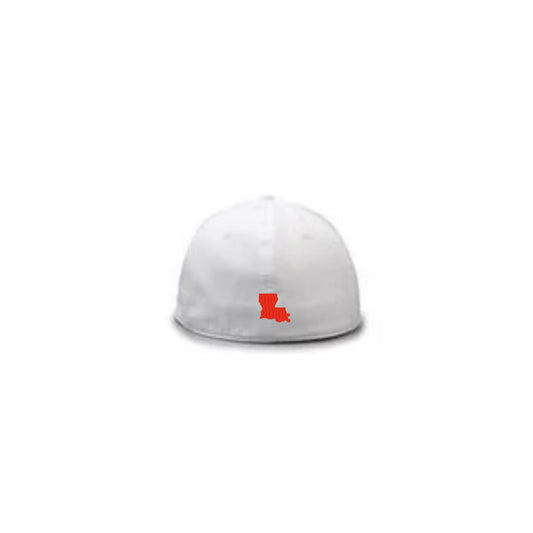 Back of white Stitches The Game hat with red Louisiana state embroidery