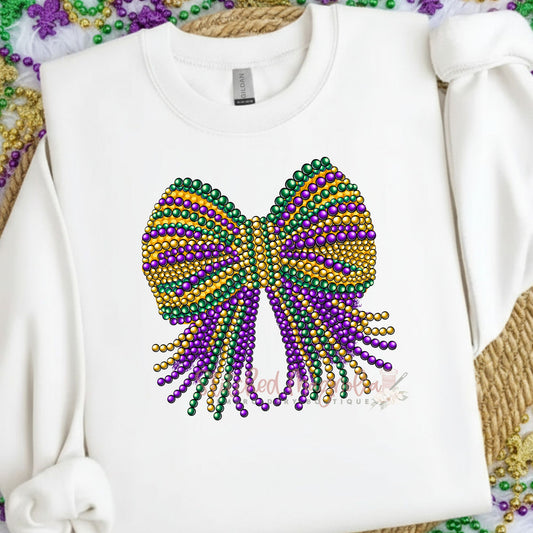 Mardi Gras Beaded Bow Sweatshirt | Purple Green Gold Bead Design | Festive Mardi Gras Apparel