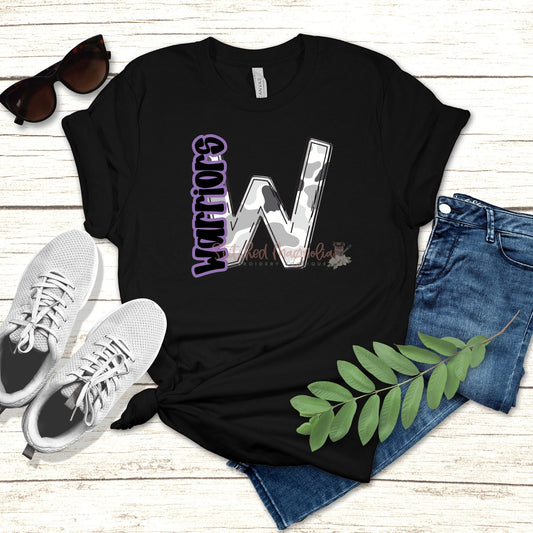 Warriors Camo W Tee in black with camo W and purple Warriors script DTF graphic