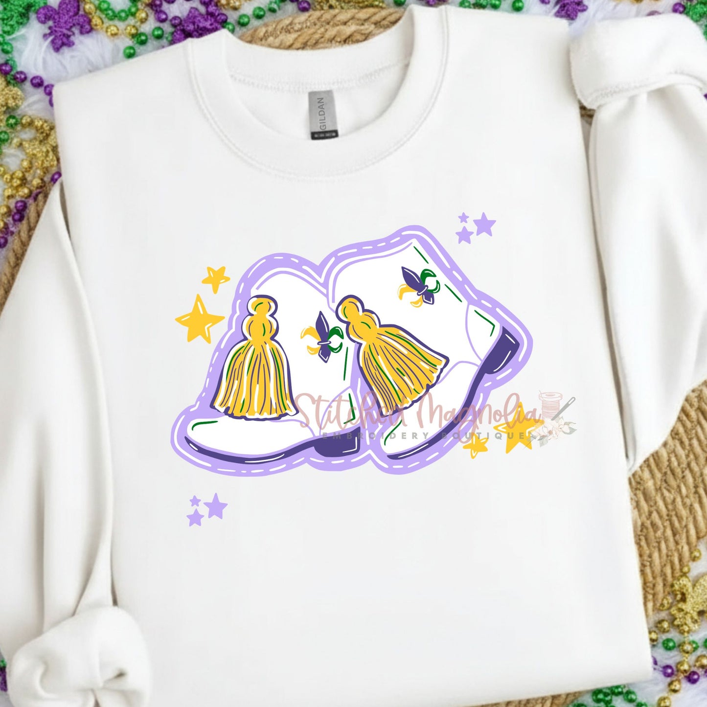 Mardi Gras Boots Sweatshirt | Purple Boots with Tassels | Purple Green Gold Festive Apparel