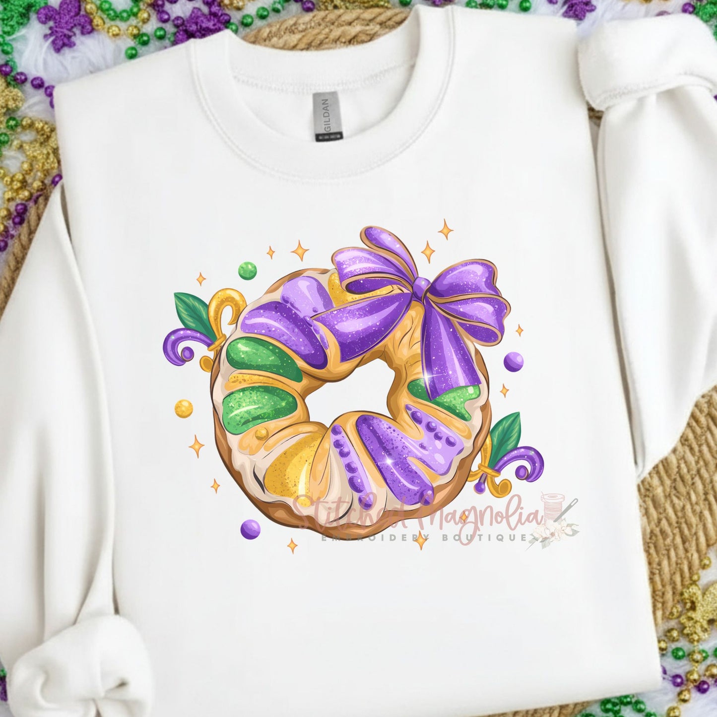 Mardi Gras King Cake Bow Sweatshirt | Purple Green Gold Design | Festive King Cake Apparel