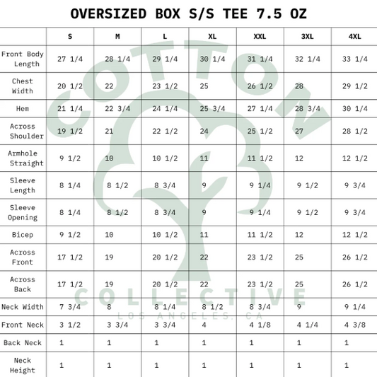 Size chart for the 7.5 oz oversized box short sleeve tee, sizes S through 4XL