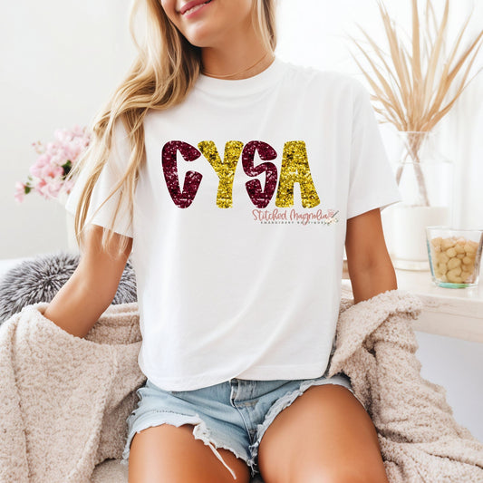 CYSA Glitter T-Shirt - Burgundy & Gold Faux Sequin Design