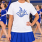 White Royallettes spirit tee with blue and white cheer design