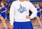 White Royallettes spirit crewneck with blue and white cheer design
