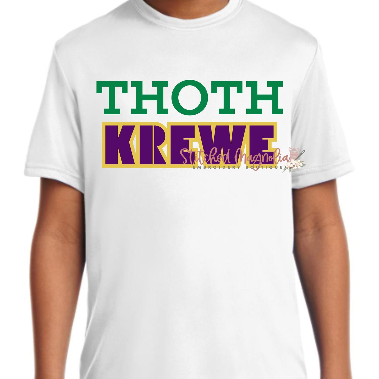 Thoth Krewe Mardi Gras Youth Dri-Fit Tee | Green Purple Gold Krewe Design | Kids New Orleans Parade Shirt
