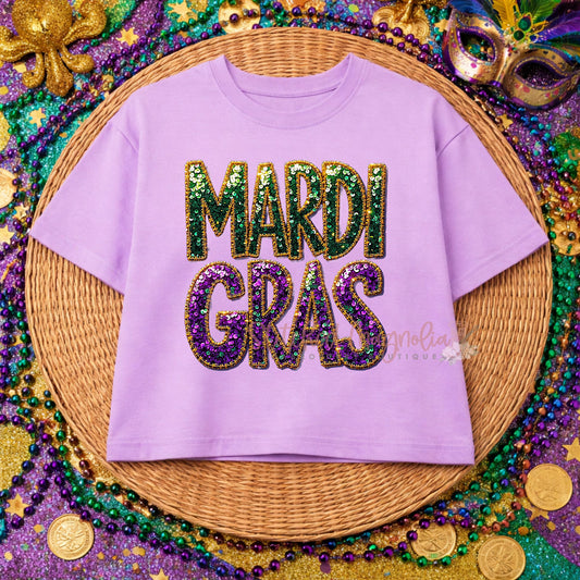 Mardi Gras Faux Sequin Purple Boxy Tee | Glitter Purple Green Gold Design | Festive Mardi Gras Shirt