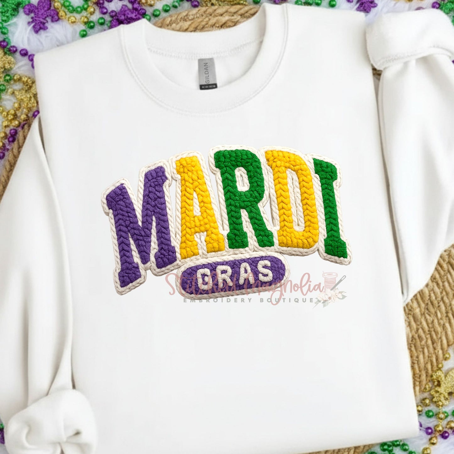Mardi Gras Faux Yarn Sweatshirt | Textured Purple Green Gold Design | Festive Mardi Gras Apparel