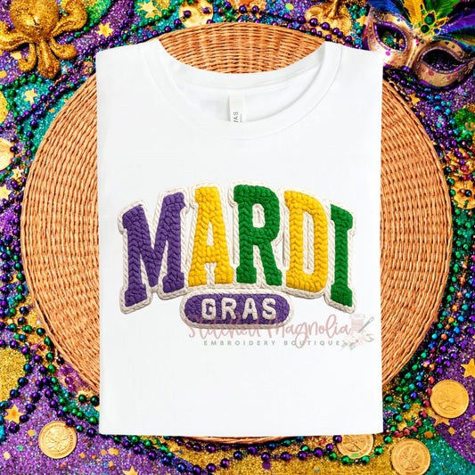 Mardi Gras Faux Yarn Tee | Textured Purple Green Gold Design | Festive Mardi Gras Shirt