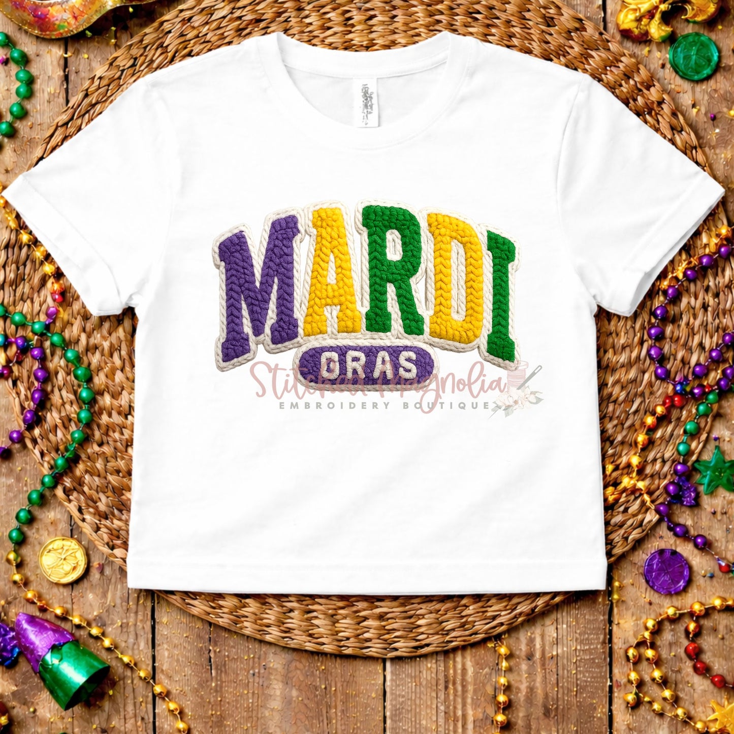 Mardi Gras Faux Yarn Tee | Textured Purple Green Gold Design | Festive Mardi Gras Shirt