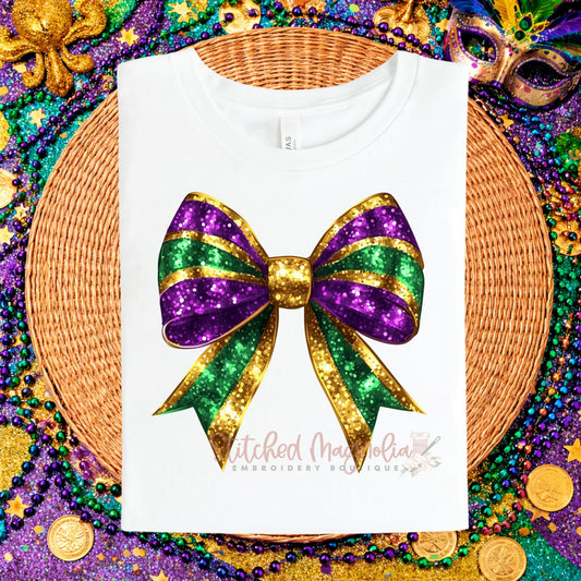 Mardi Gras Glitter Bow Tee | Sparkly Purple Green Gold Bow Design | Festive Mardi Gras Shirt