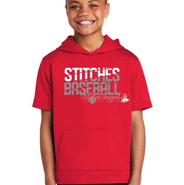 Stitches Baseball Youth Fleece Hoodie in red with DTF graphic