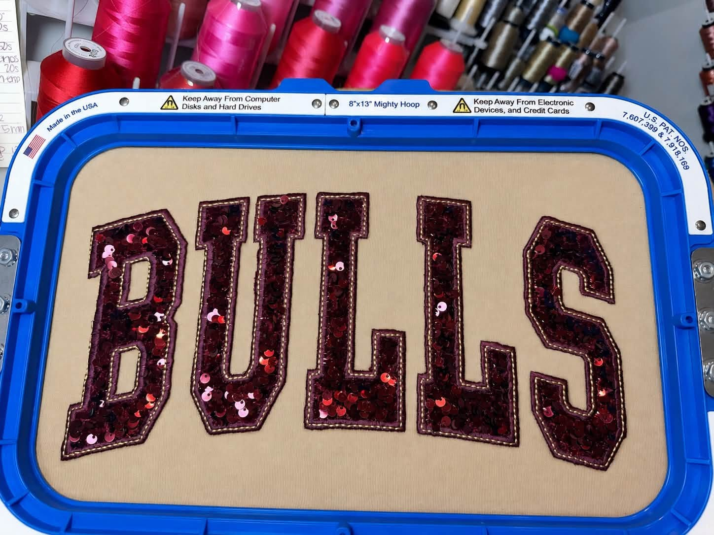 CYSA Bulls sequin appliqué lettering on embroidery hoop — Stitched Magnolia