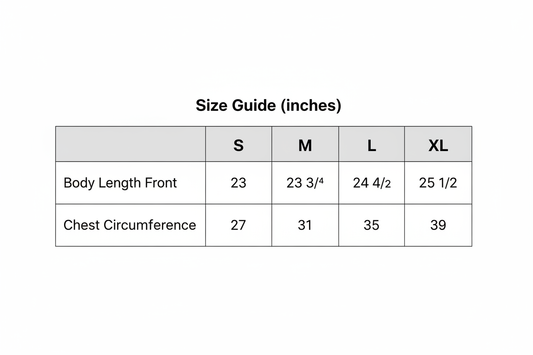 Size Guide - Body Length Front and Chest Circumference measurements for S, M, L, XL
