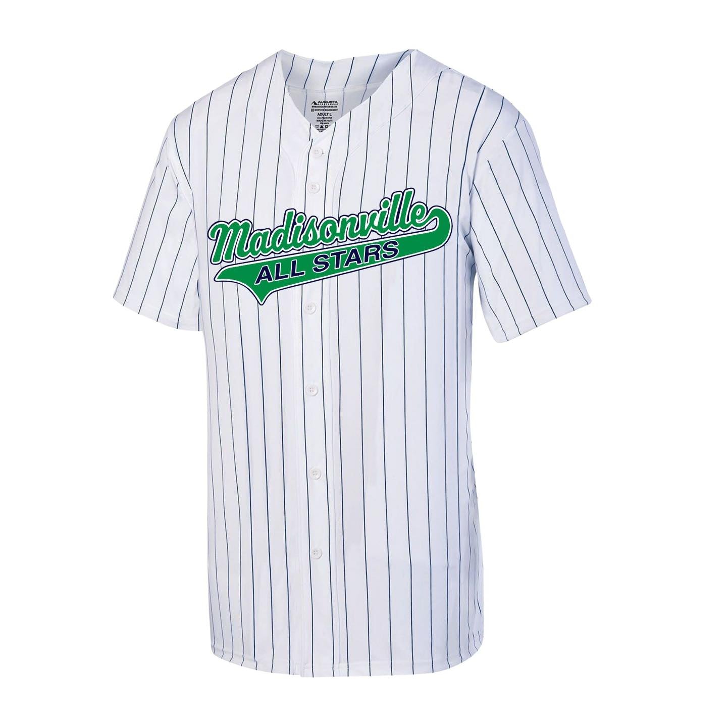 Unisex Custom Madisonville All-Stars Baseball Jersey – White with Navy Pinstripes | Madisonville All Stars | Coquille | MYB Gators Baseball