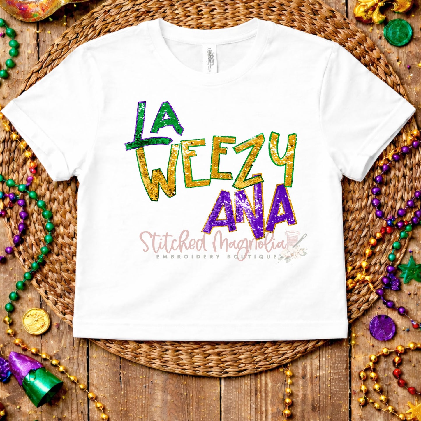 La Weezy Ana Mardi Gras Tee | Louisiana Glitter Design | Purple Green Gold Festive Shirt