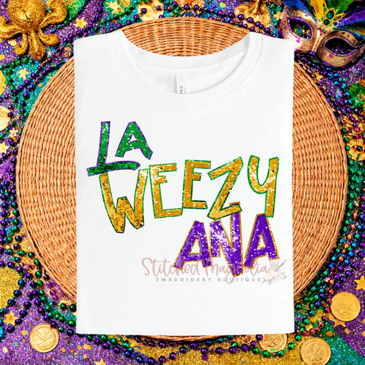 La Weezy Ana Mardi Gras Tee | Louisiana Glitter Design | Purple Green Gold Festive Shirt