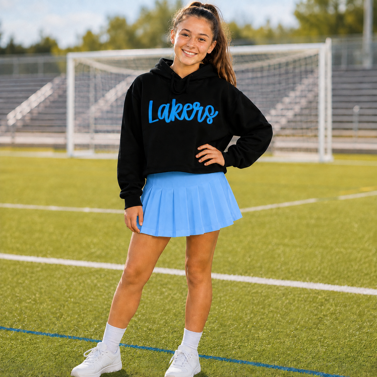 MSC Lakers black crop hoodie with Carolina blue DTF Lakers script graphic