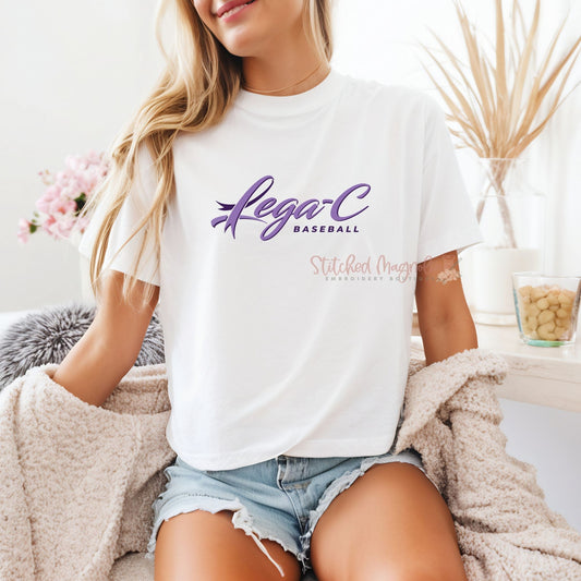 Lega-C Baseball Script Logo Tee in white with bold purple script wordmark