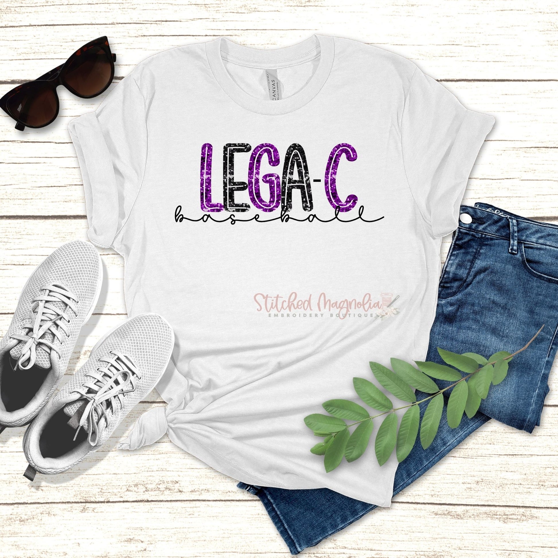 Lega-C Baseball Glitter Tee in white with purple and black glitter DTF graphic