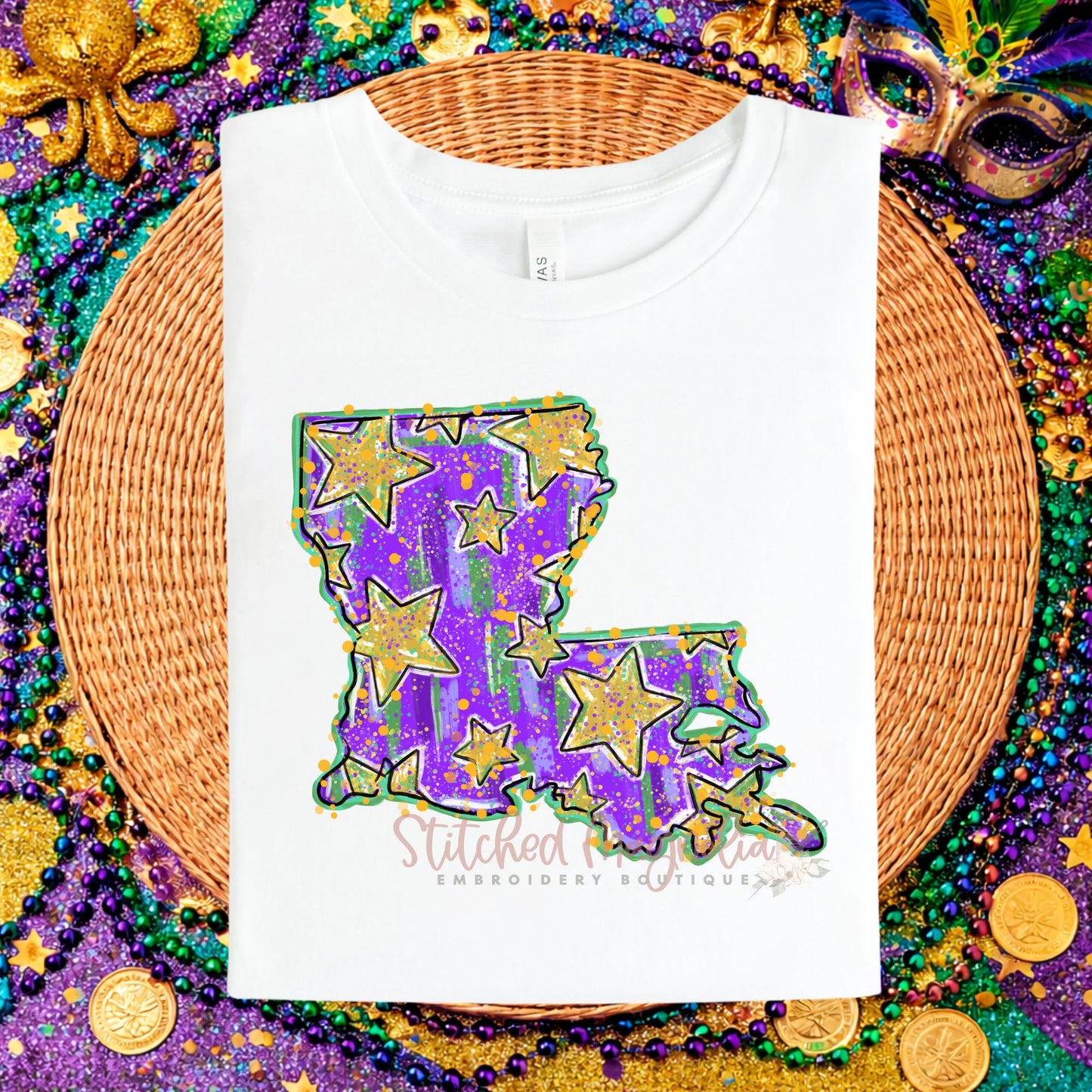 Louisiana Mardi Gras Tee | Glitter Stars State Design | Purple Green Gold Louisiana Pride Shirt