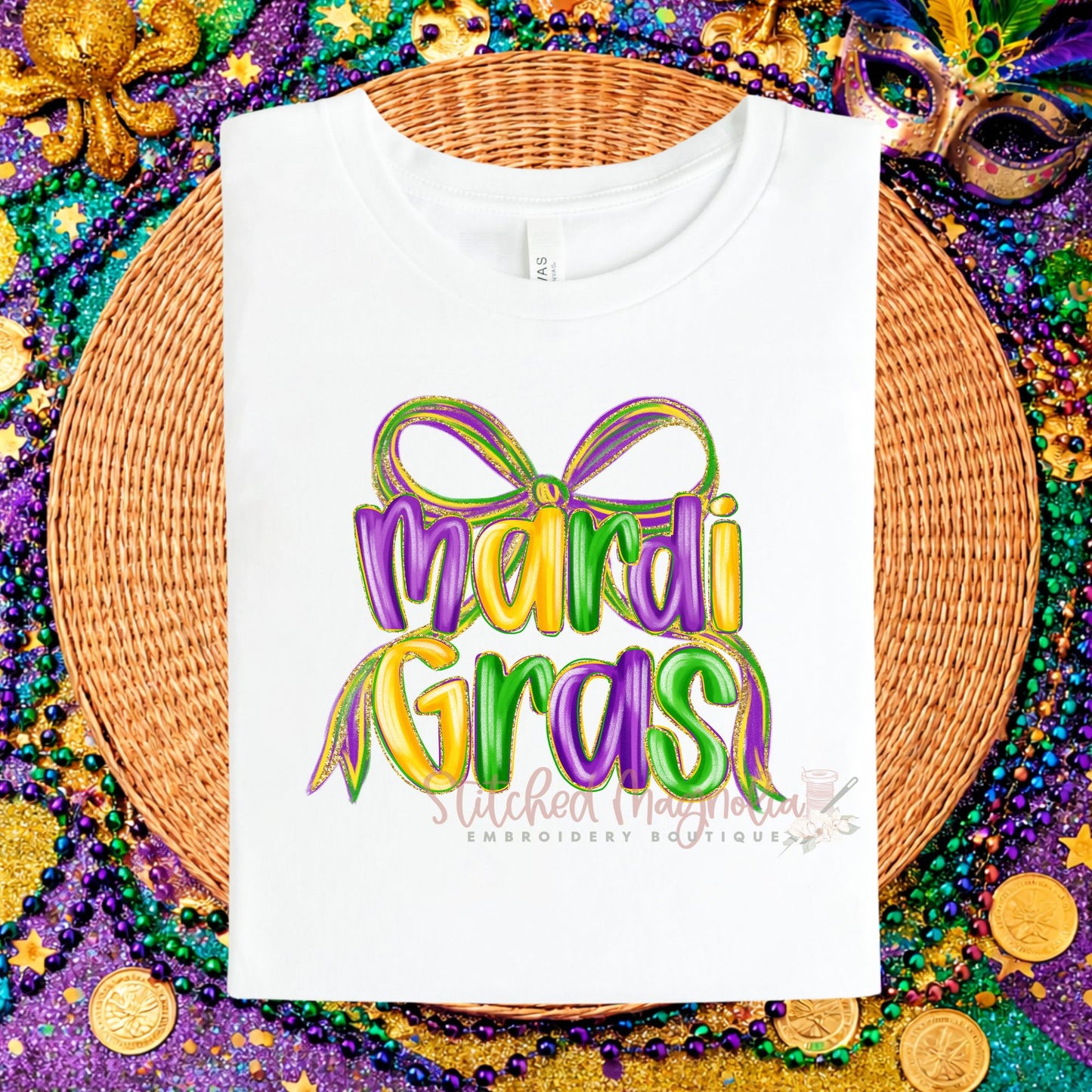 Mardi Gras Bow Purple Boxy Tee | Purple Green Gold Design | Festive Mardi Gras Shirt