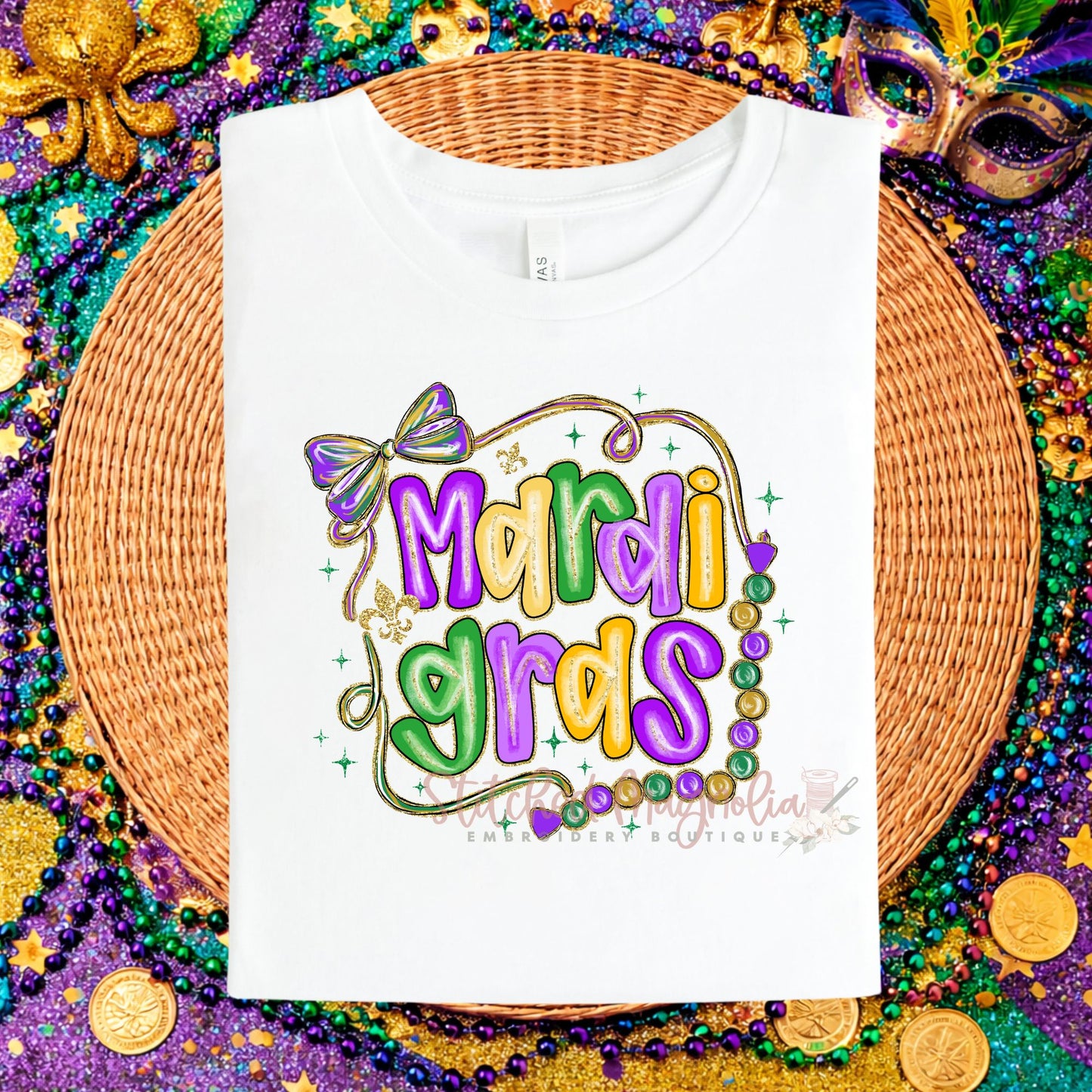 Mardi Gras Bow & Beads Purple Boxy Tee | Purple Green Gold Frame Design | Festive Mardi Gras Shirt
