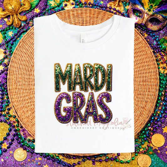 Mardi Gras Faux Sequin Purple Boxy Tee | Glitter Purple Green Gold Design | Festive Mardi Gras Shirt