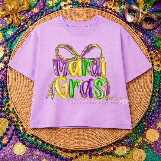 Mardi Gras Bow Purple Boxy Tee | Purple Green Gold Design | Festive Mardi Gras Shirt