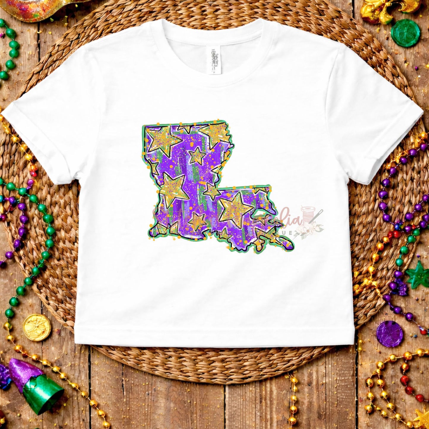 Louisiana Mardi Gras Tee | Glitter Stars State Design | Purple Green Gold Louisiana Pride Shirt