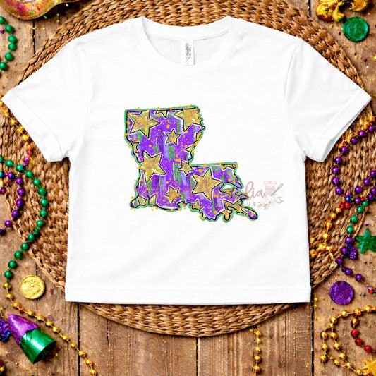 Louisiana Mardi Gras Tee | Glitter Stars State Design | Purple Green Gold Louisiana Pride Shirt