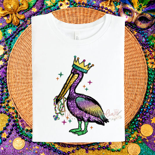 Mardi Gras Pelican Tee | Louisiana Pelican with Crown & Beads | Purple Green Gold Louisiana Pride Shirt