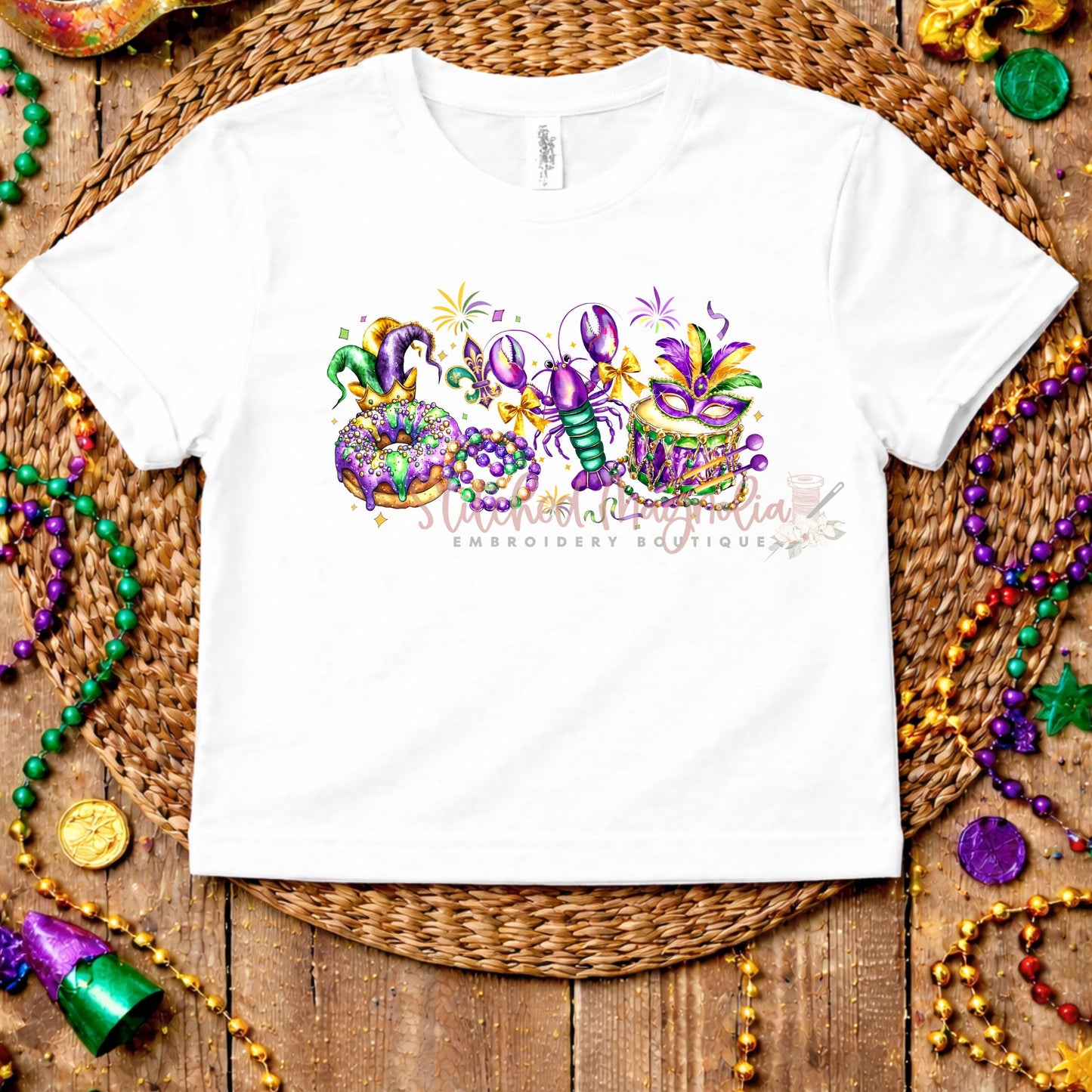 Mardi Gras Trio Tee | King Cake Beads & Mask Design | Purple Green Gold Festive Shirt