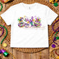 Mardi Gras Trio Tee | King Cake Beads & Mask Design | Purple Green Gold Festive Shirt