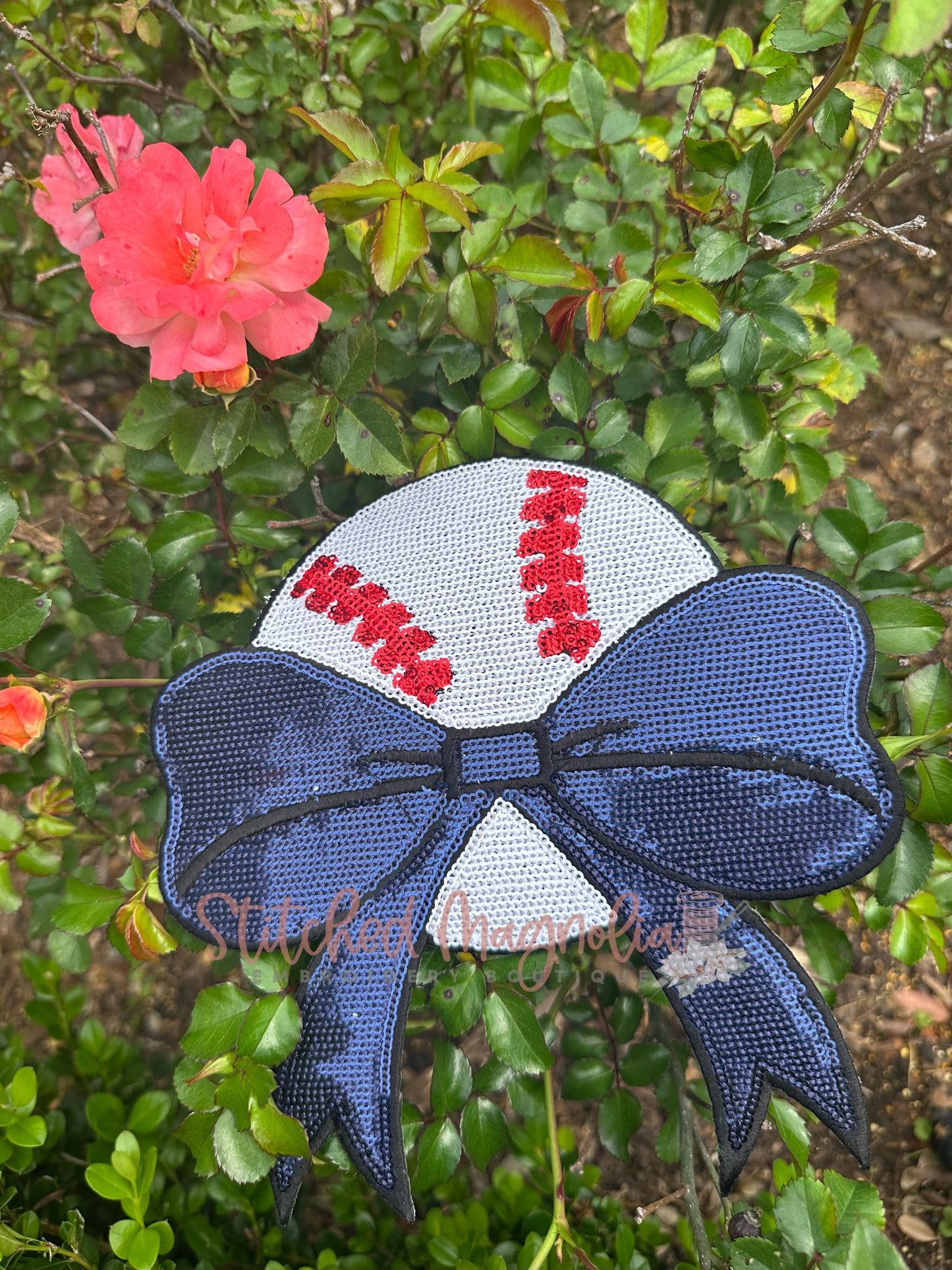 7.5" Sequin Baseball with Navy Coquette Bow