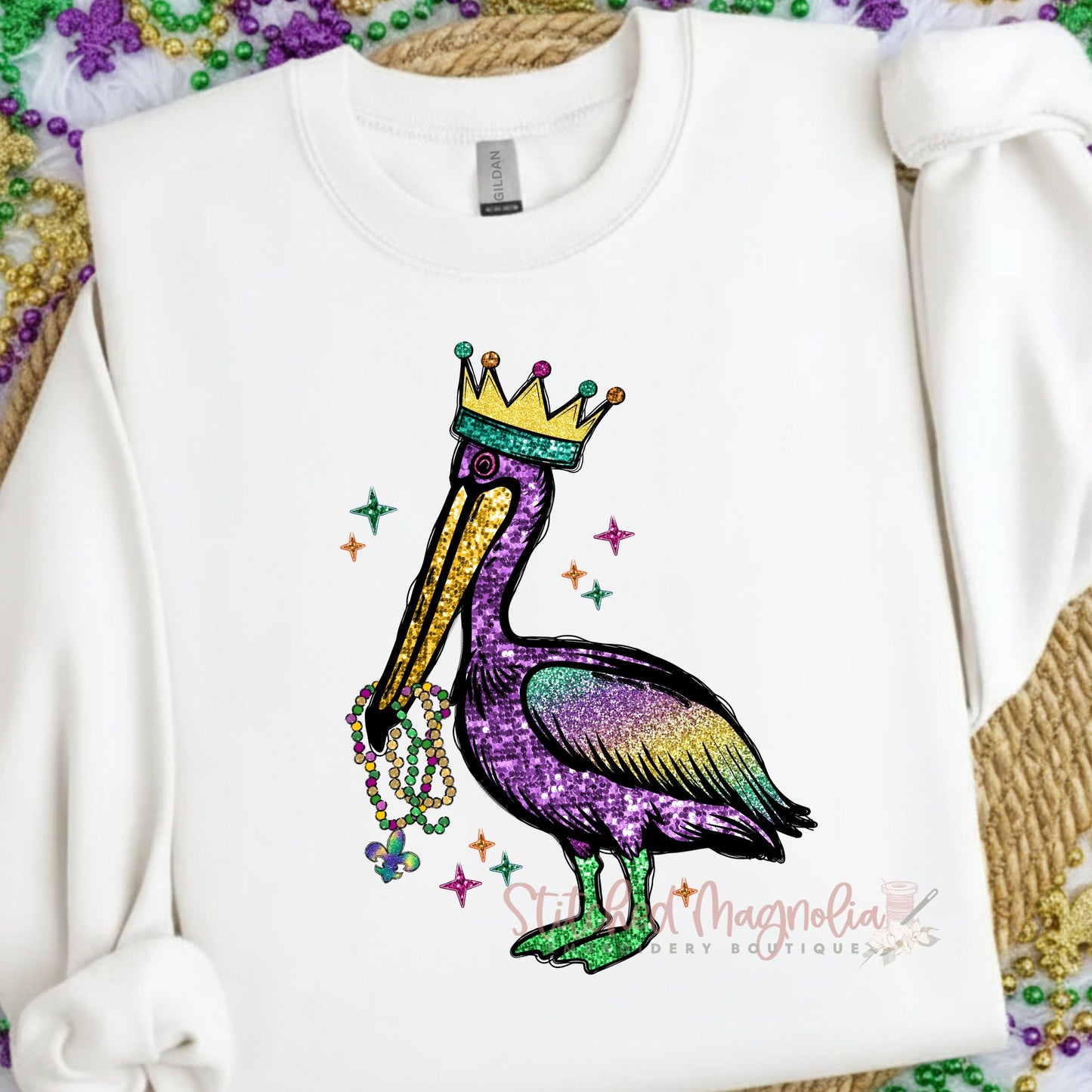 Mardi Gras Pelican King Sweatshirt | Glitter Crown & Beads Louisiana Design | Purple Green Gold